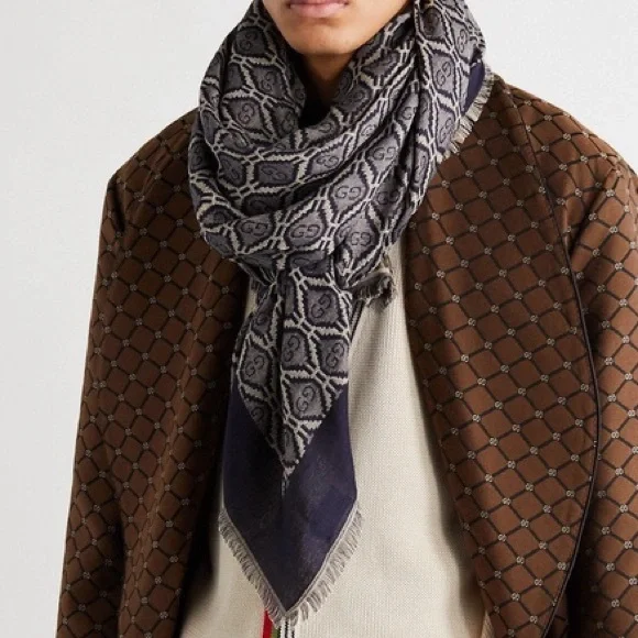 New Gucci GG monogram Fringed Logo-Jacquard Cotton Wool Silk-Blend Scarf - Picture 2 of 11